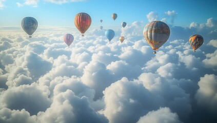 Naklejka premium Colorful Hot Air Balloons Soaring Above a Sea of Clouds