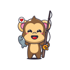 Monkey cartoon vector illustration catching fish with fishing rod