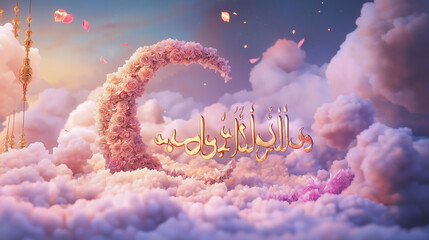 Heavenly Rose Moon Cloudscape Digital Art Peaceful Serene Dreamy Romantic Soft Pink Pastel Colors Floral Design Elegant Background Beautiful Illustration Artistic Fantasy Celestial Spiritual Hopeful  