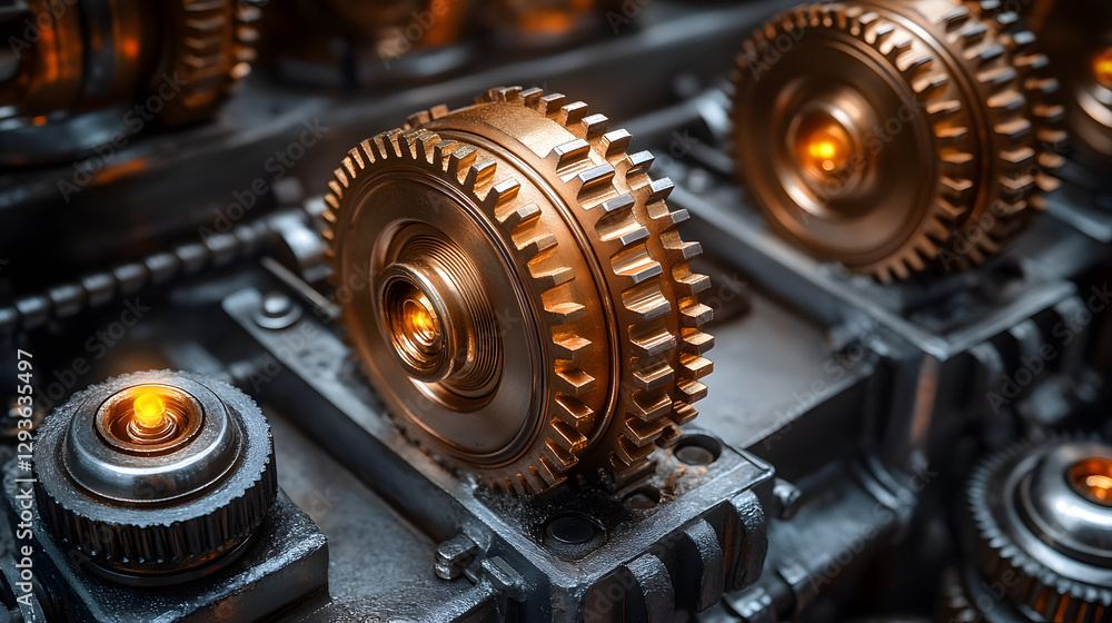 Poster mechanical marvel: close-up shot of a complex mechanism featuring intricate gears and metallic compo