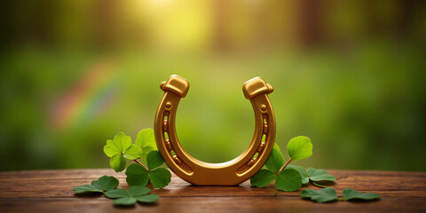 Golden horseshoe with clovers and rainbow on wooden surface