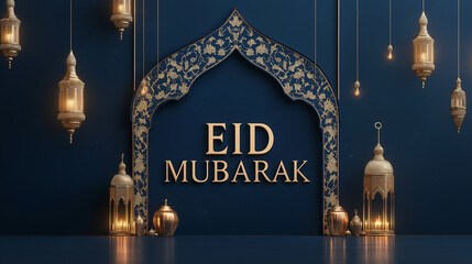 Elegant Eid Mubarak Celebration Festive Design Gold Lanterns Islamic Arabic Ornate Arch Background Luxury Blue Decorative Festive Greeting Card Template Holiday Wishes Traditional Pattern Rich Details