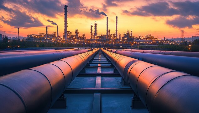 Industrial Pipeline at Sunset with Refinery in Background