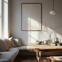 Fototapeta premium A white framed picture hangs on a wall. A vase of flowers sits on a table. A bowl is on the table