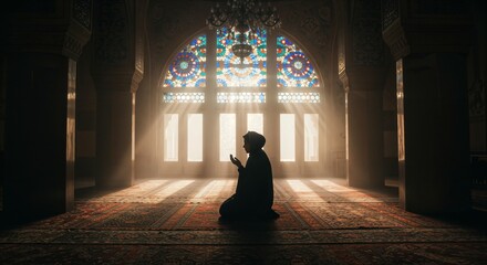 Silhouette of a woman praying in a mosque, serene and spiritual atmosphere

