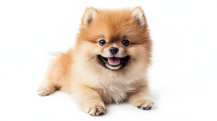 Obraz premium A cute little pomeranian dog is laying on a white background
