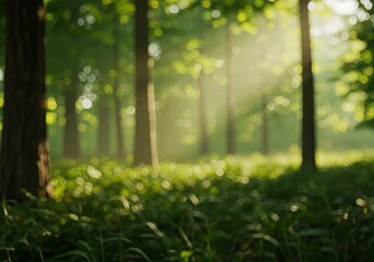 Obraz premium Sunlight Filtering Through Green Forest Canopy Creating a Dreamy Ambiance