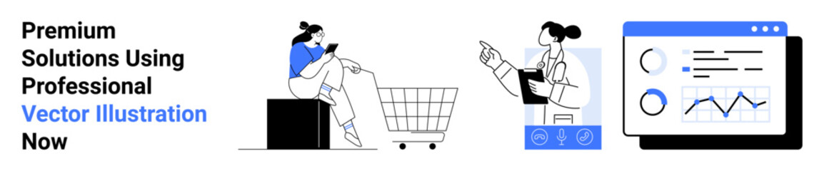 Woman ordering on smartphone near shopping cart, professional analyzing metrics on screen. Ideal for e-commerce, marketing, business solutions, data visualization, digital products, research, flat