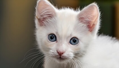 Obraz premium Adorable Crossbreed Kitten in CloseUp Shot, Showcasing Playful Eyes and Soft Fur Against a Minimalist Backdrop, Radiating Innocence and Gentleness with a Hint of Mystery.