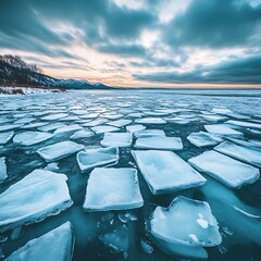 Frozen lake sunset, ice floes, winter