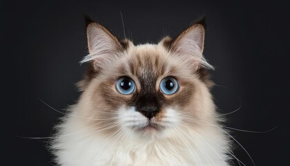 Striking Portrait of a Playful Ragdoll Cat Against a Dark Background, Showcasing Soft Fur Textures and Bright Eyes Sparkling with Curiosity in a Studio Setup.