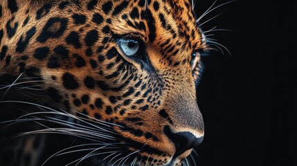 Obraz premium Close-up portrait of a majestic leopard at night, showcasing its intense gaze and intricate spotted fur against a dark background