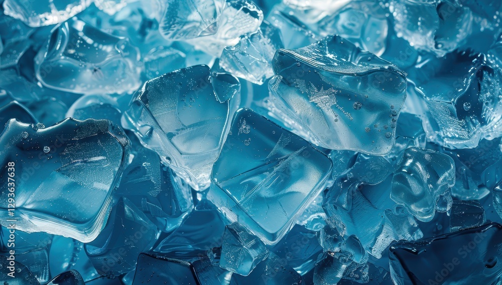 Aufkleber Close-up view of a pile of translucent blue ice cubes creating a detailed textural background