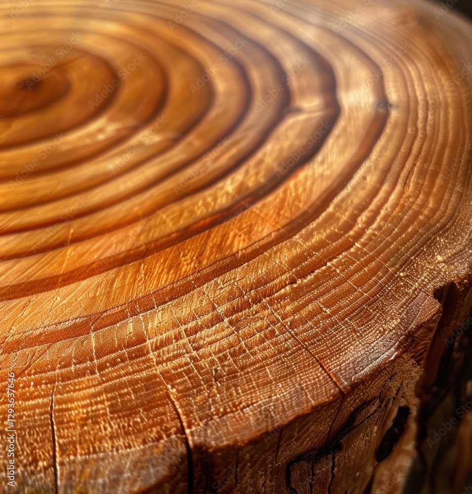 Poster Close-up view of a polished wood cross section revealing concentric growth rings and intricate grain patterns. The warm, golden brown hues and smooth surface texture create a visually appealing image 