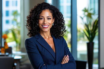 A woman in a business suit standing with her arms crossed