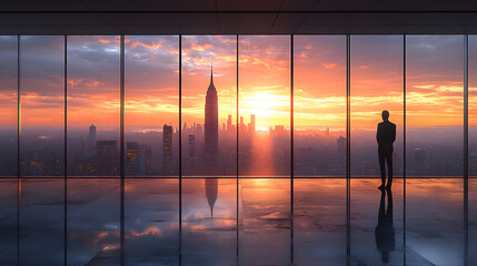 Fototapeta premium Awe-Inspiring Dawn: A solitary figure gazes at a stunning cityscape bathed in the radiant hues of a sunrise, with panoramic glass windows framing an expansive view of a modern metropolis. 