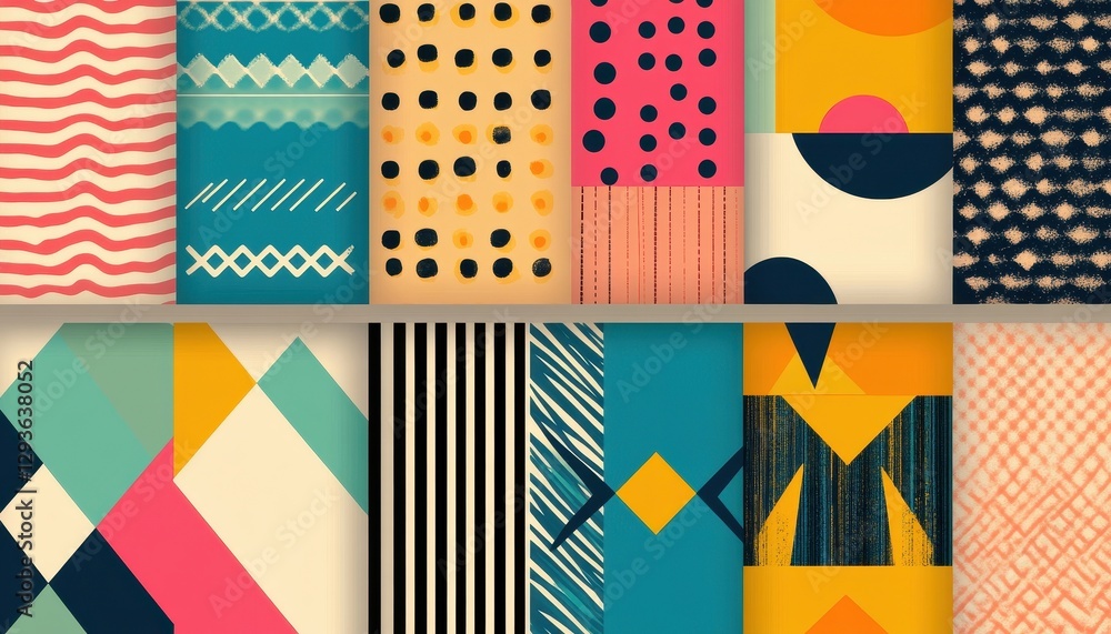 Poster collection of colorful geometric and abstract seamless patterns