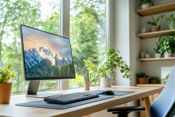 Inspiring Workspace A modern computer setup with mountain desktop wallpaper, a sleek keyboard, and a comfortable mouse, surrounded by vibrant green plants, creating a tranquil and productive home