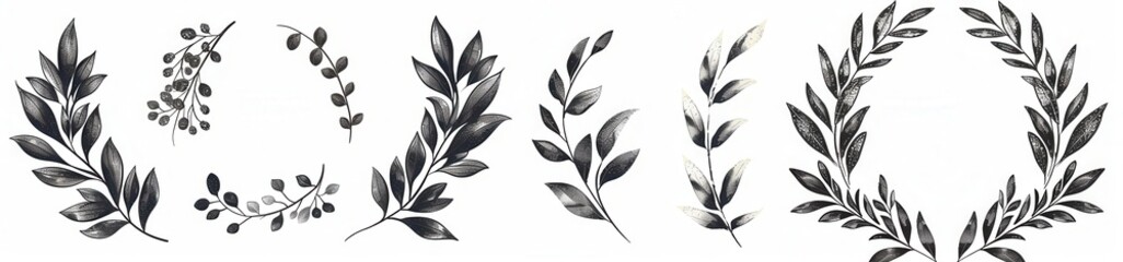 Fototapeta premium Collection of Black and White Botanical Leaf Illustrations and Wreaths