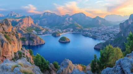 Coastal Town Nestled Between Majestic Mountains at Sunset