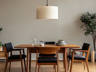 A table with a lamp hanging above it. There are four chairs around the table. A potted plant is on the right side of the table