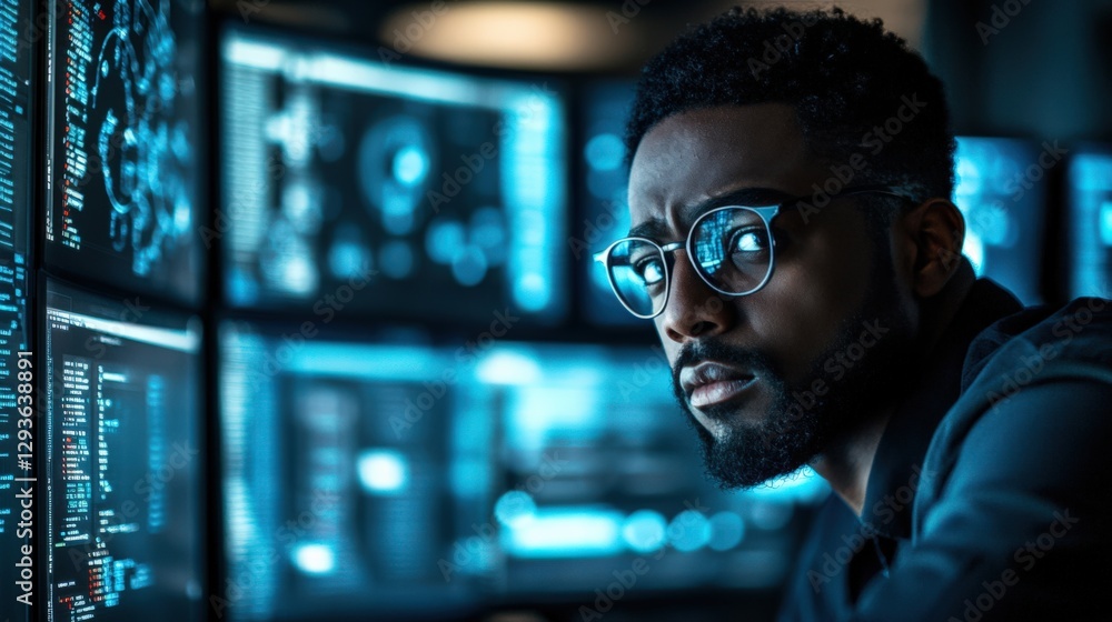 Poster focused young black male data scientist analyzing complex data on high-tech screens in a modern offi