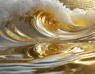 A wave of water with a gold color. The reflection of the gold color is also visible in the water