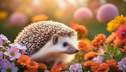 Adorable Hedgehog Ambling through a Flower Garden in Pastel Blossoms at Dusk A Whimsical and Charming Scene Full of Vibrant Colors and Tactile Textures.