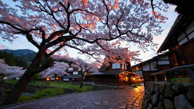 Shirakawa-go in Spring: A Traditional Japanese Village with Cherry Blossoms