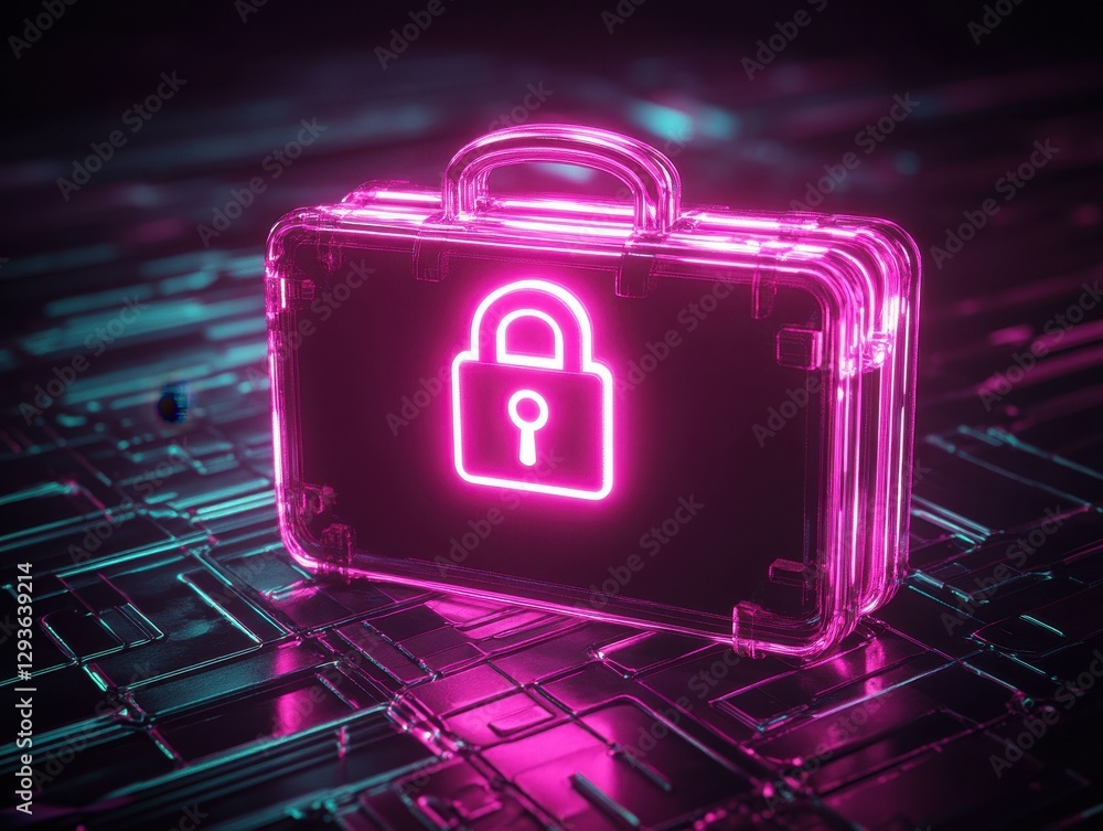 Poster cybersecurity concept futuristic glowing briefcase with a lock symbol on a circuit board background
