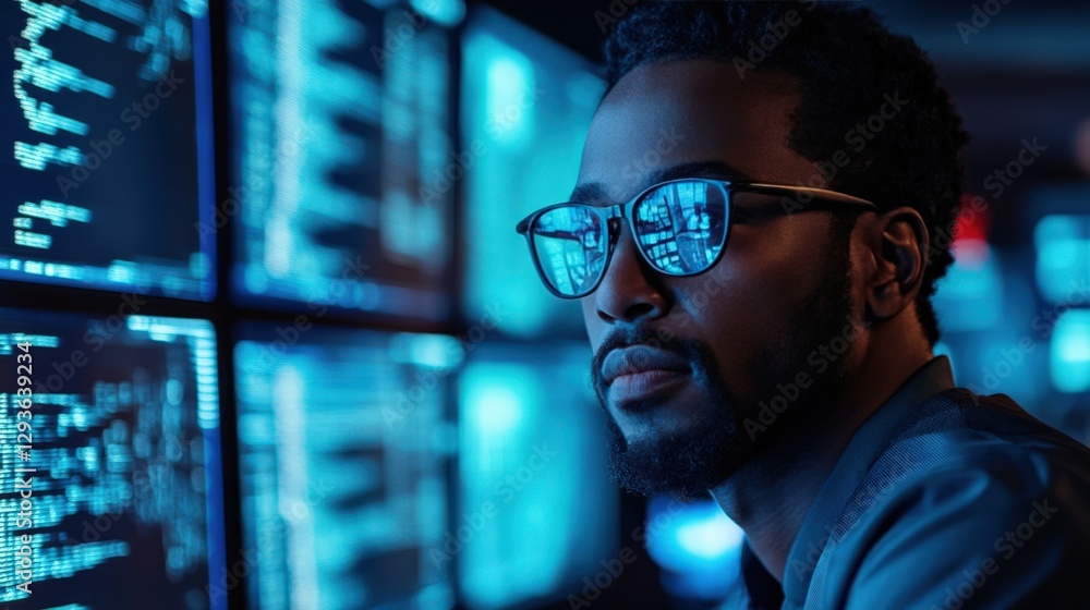 Poster a focused young african american male programmer, in his late 20s, analyzing data in a dimly lit tec