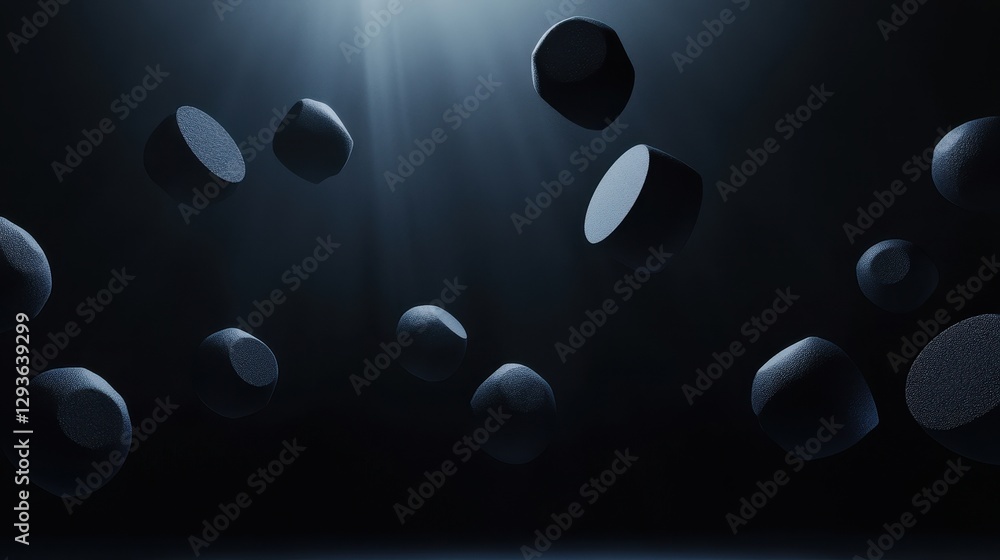 Poster dark abstract background with floating stones and light beams