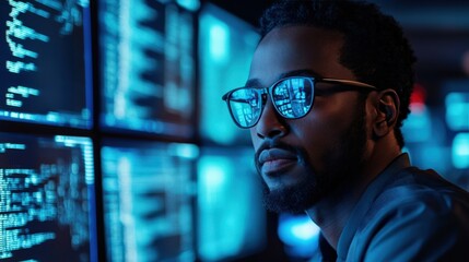A focused young African American male programmer, in his late 20s, analyzing data in a dimly lit tech workspace filled with glowing computer screens and code.