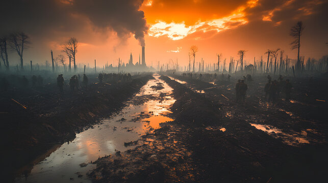 Apocalyptic Landscape: An environmental disaster unfolds before your eyes. A dystopian scene of polluted air, a devastated landscape. The sky is filled with dark clouds, smoke.