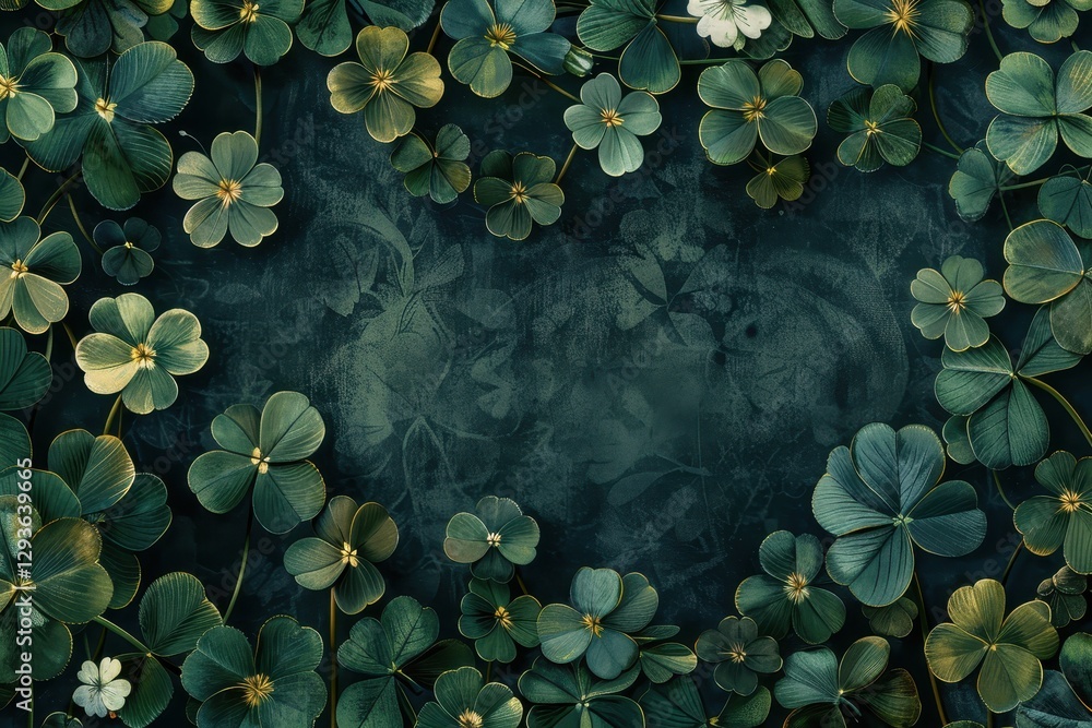 Poster dark green clover leaves frame on textured background