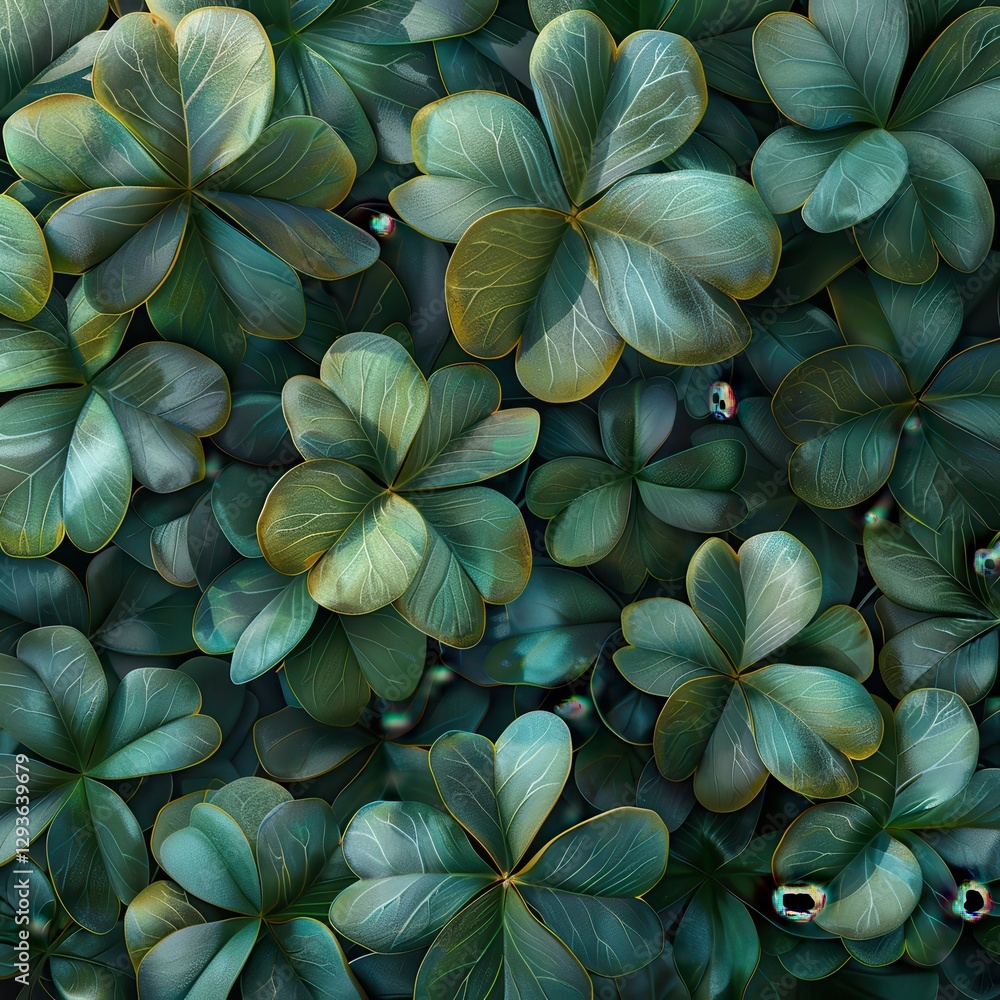 Poster dark green clover leaves texture background. seamless pattern of shiny four leaf clovers. high resol