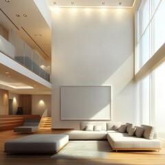 A large white room with a white wall and a white couch. The couch is white and has pillows on it