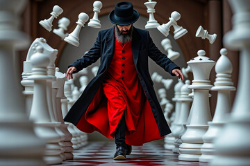 A man in a red coat and black hat playing chess