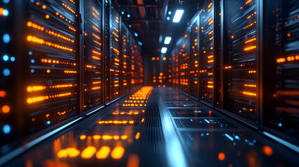 Fototapeta premium Data Center Corridor: Futuristic perspective shot showcasing a sleek data center corridor, glowing with the vibrant lights of high-tech servers.