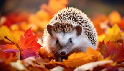 Autumn Forage Vibrant Hedgehog Amidst a Kaleidoscope of Fall Leaves Natures Majesty in Full Bloom, Illuminating the Scene with Earthy Tones and Whimsical Textures.