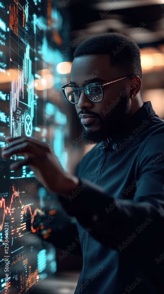 Poster a young black man in glasses interacts with a futuristic digital display, analyzing data trends and 