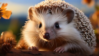 Hedgehog Basking in a Meadow Bloom, Delightful Portrait of Early Morning Sunlight Dancing Across Dewy Grass and Flower Petals, Invoking a Sense of Tranquility and Serenity.
