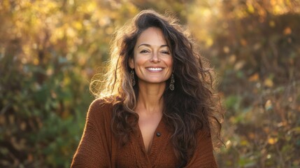 Naklejka premium Woman smiling autumn outdoor portrait beautiful hair