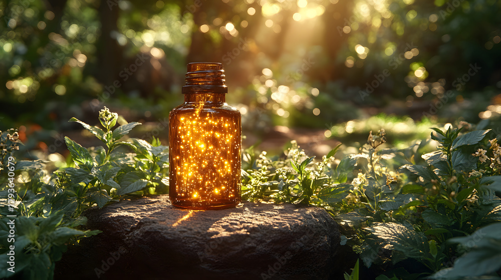Poster mystical elixir: a captivating image of a glass bottle filled with glowing particles, set in a seren