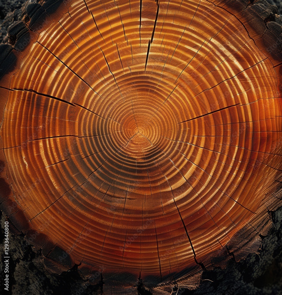 Poster detailed view of concentric growth rings in a cross section of a tree trunk, showcasing the wood's r