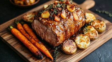 Rustic farmhouse-style roast pork with an apple cider glaze, roasted heirloom carrots, and crispy smashed potatoes, placed on a wooden cutting board, natural stone backdrop