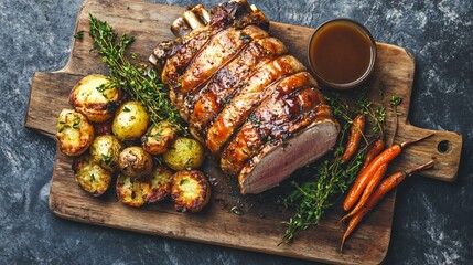 Rustic farmhouse-style roast pork with an apple cider glaze, roasted heirloom carrots, and crispy smashed potatoes, placed on a wooden cutting board, natural stone backdrop