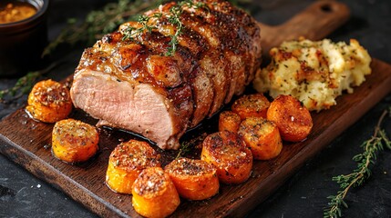 Rustic farmhouse-style roast pork with an apple cider glaze, roasted heirloom carrots, and crispy smashed potatoes, placed on a wooden cutting board, natural stone backdrop
