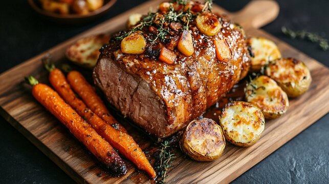Rustic farmhouse-style roast pork with an apple cider glaze, roasted heirloom carrots, and crispy smashed potatoes, placed on a wooden cutting board, natural stone backdrop
