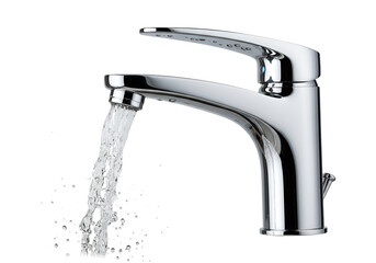 Refreshing clear water pouring from a sleek chrome faucet in a pristine bathroom, showcasing a modern and hygienic design."
